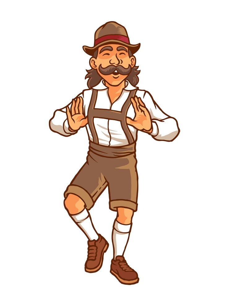 Vektor glücklicher mann, der traditionelle bayerische kleidung trägt, tanzt und trinkt bier und feiert das oktoberfest