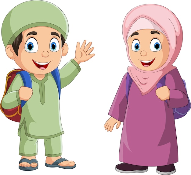 Vektor glücklicher muslimischer junge und mädchen cartoon