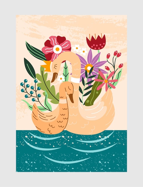 Glücklicher muttertag banner zwei umarmung schwanen auf dem wasser mit blumen elternteil und kind mit guten