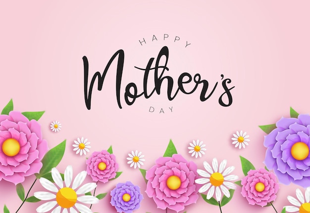 Glücklicher Muttertag mit Blumen und Typografie, Blumendekoration mit Kalligraphie-Grußkarte