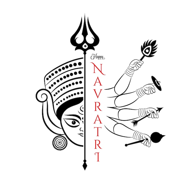 Vektor glücklicher navratri-festivalgruß und göttin durga-gesicht und handumrissillustration