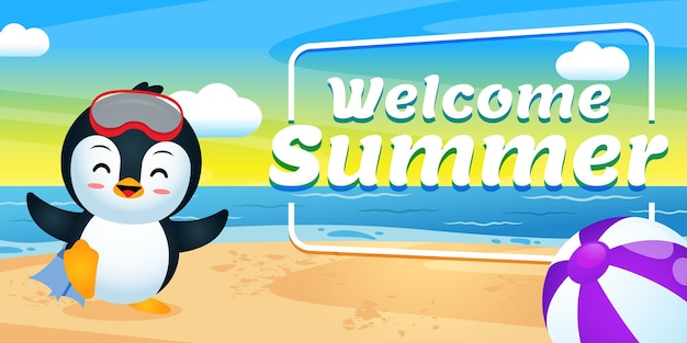 Glücklicher netter pinguin bereiten sich vor, mit sommergrußbanner zu tauchen