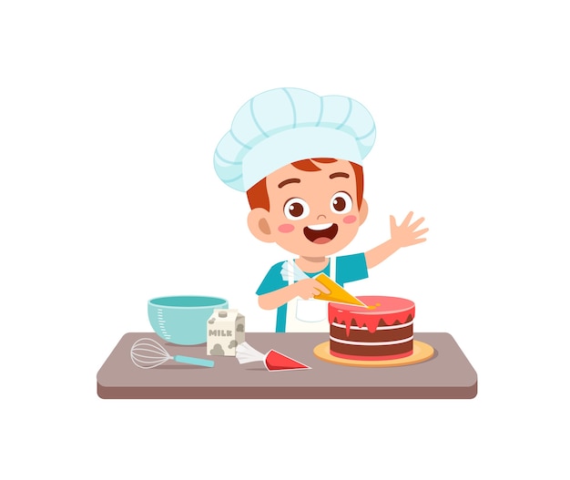 Glücklicher niedlicher kleiner Junge trägt Kochuniform und kocht eine Geburtstagstorte