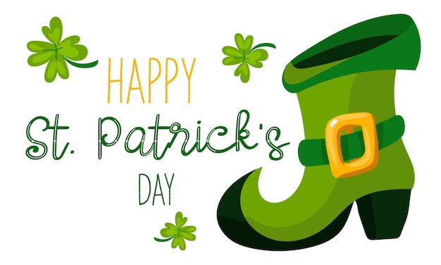 Glücklicher St. Patrick's Day lustige Inschriften und Leprechaun Stiefel mit Klee für Plakate Flugblätter