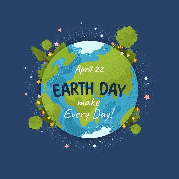 Glücklicher Tag der Erde Umweltschutz Poster im Cartoon-Stil mit dem Planeten Erde Bäume Blumen