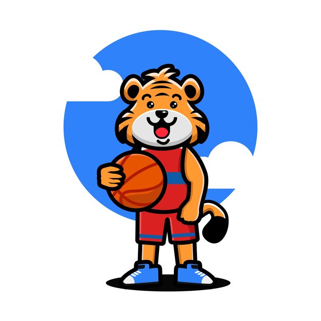 Glücklicher tigerjunge, der basketball spielt