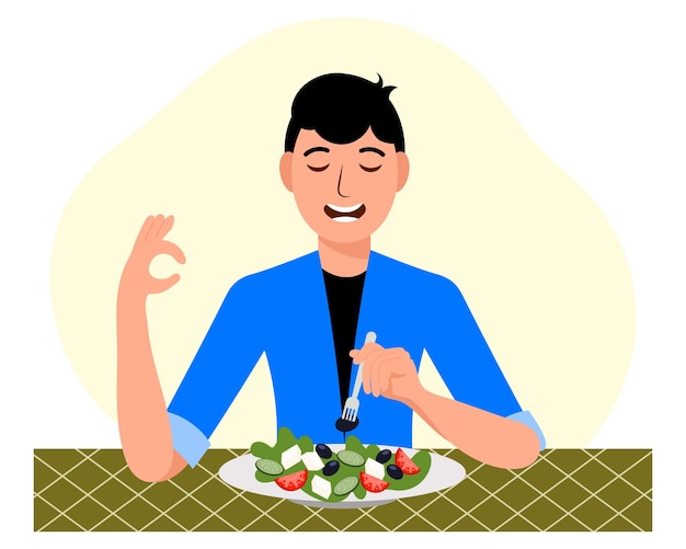 Glücklicher Typ, der griechischen Salat isst und ok zeigt. Das Konzept des Vegetarismus und der gesunden Ernährung.