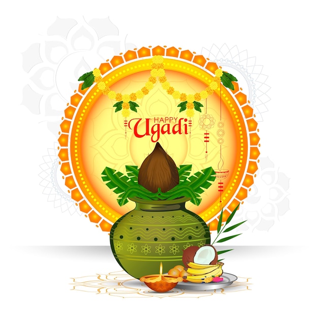 Glücklicher ugadi-grußkarten-hintergrund mit verziertem kalash