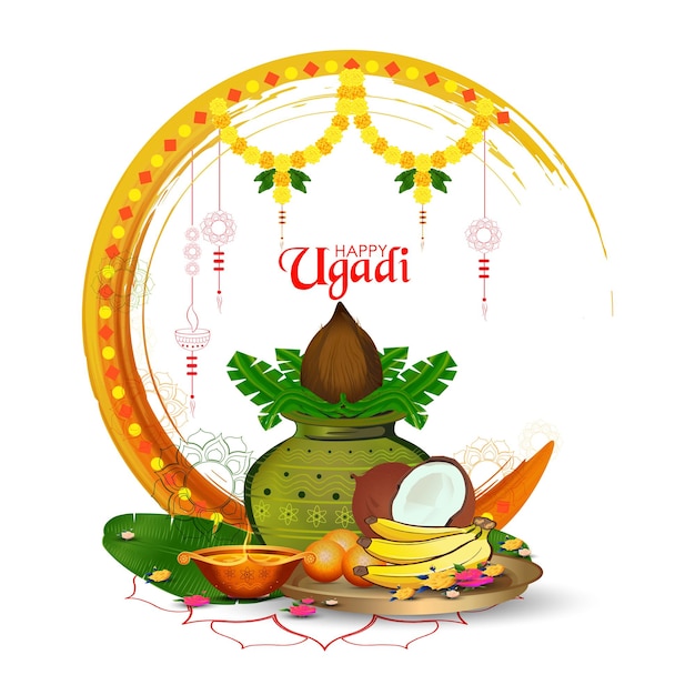 Glücklicher Ugadi-Grußkarten-Hintergrund mit verziertem Kalash