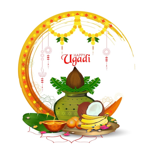 Glücklicher ugadi-grußkarten-hintergrund mit verziertem kalash