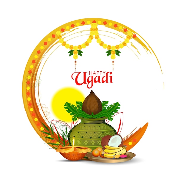 Glücklicher Ugadi-Grußkarten-Hintergrund mit verziertem Kalash