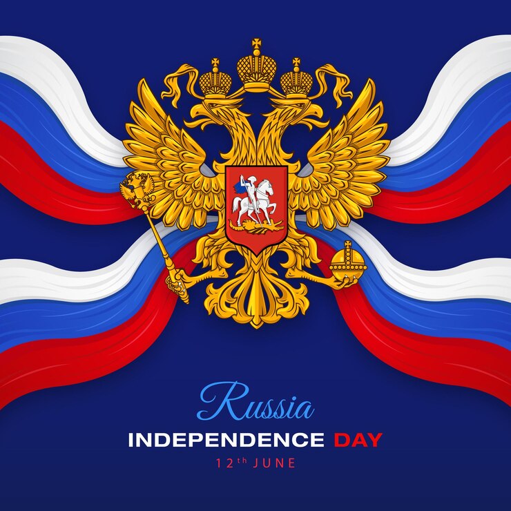 Glücklicher Unabhängigkeitstag Russlands mit Emblem der Russischen Föderation