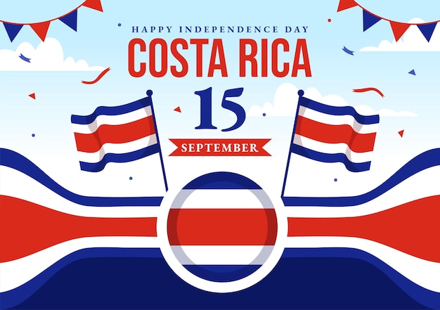 Glücklicher unabhängigkeitstag von costa rica, vektorillustration mit wehender flagge im hintergrund und konfetti