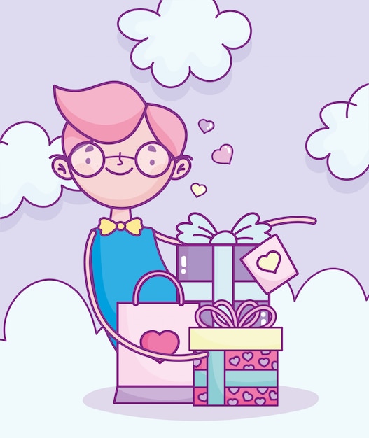 Glücklicher valentinstag, junge mit geschenken und einkaufstaschenfeier romantische vektorillustration