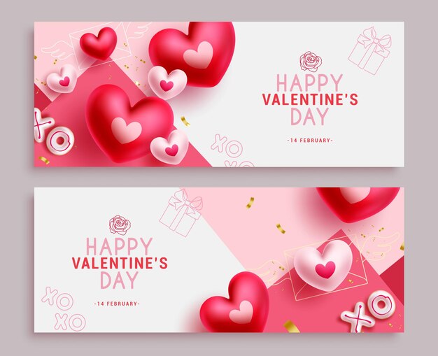 Vektor glücklicher valentinstag textvektor banner set valentinstag grußkarte mit herzballons