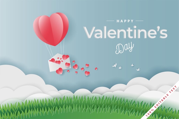 Vektor glücklicher valentinstagballon, liebesbrief und feldgras, papierschnittart