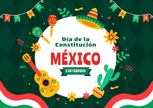 Glücklicher Verfassungstag Mexikos am 5. Februar mit mexikanischer Mütze und Flaggen-Hintergrundillustration