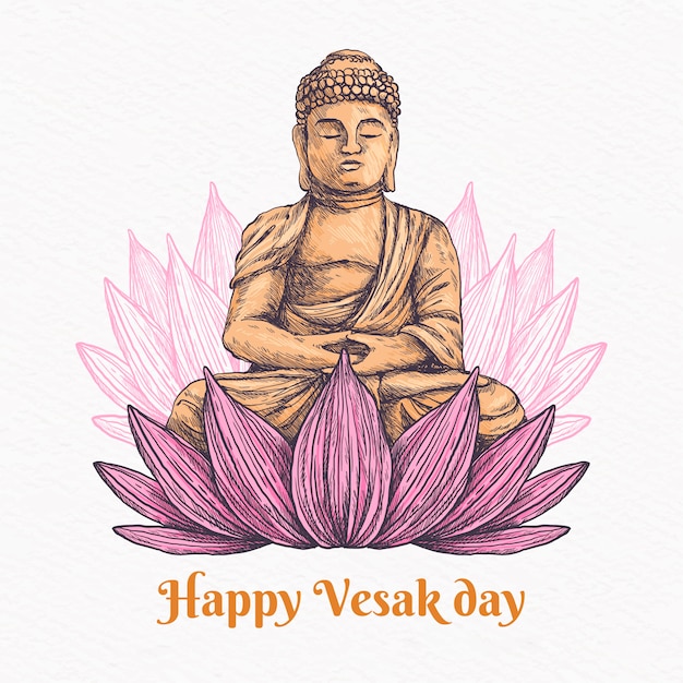 Vektor glücklicher vesak-tag mit lotus und buddha