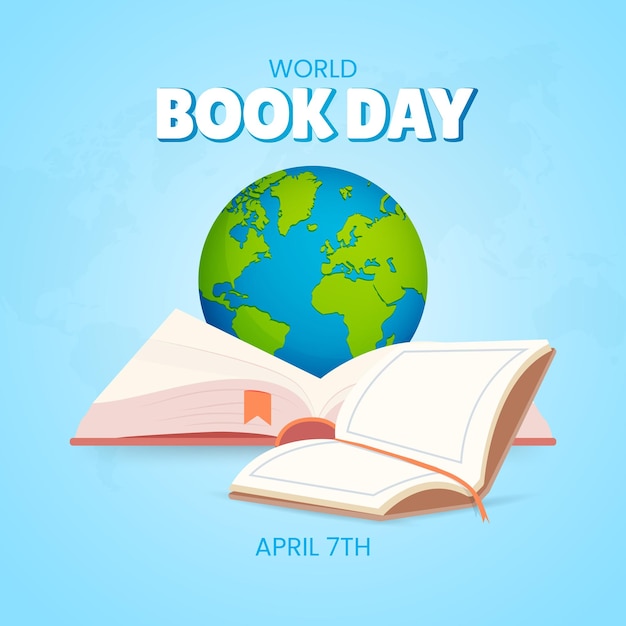 Glücklicher Welttag des Buches am 22. April mit Büchern und Globusillustration