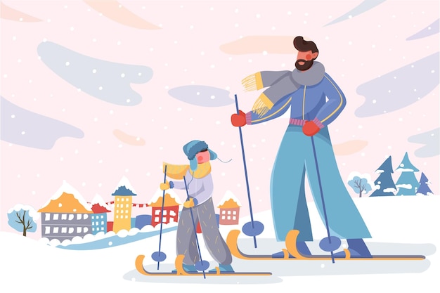 Glücklicher winter familienaktivität banner vater und sohn skifahren im stadtpark und schneefall hintergrundsaison...