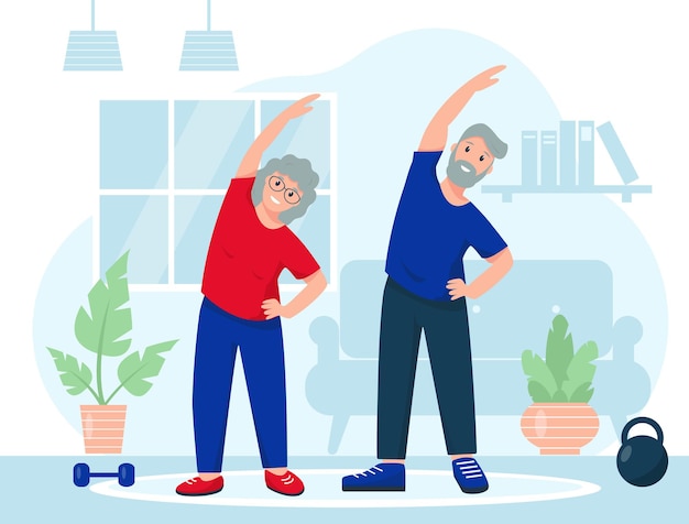 Vektor glückliches älteres paar sport zu hause. fitness-trainingsübungen, gesunder lebensstil oder sport-online-konzept.