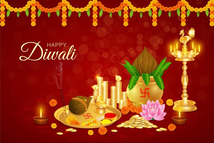 Glückliches Diwali, Dhanteras, Goldmünzen, Kalash, Göttin Laxmi Puja, Reichtum, Wohlstand