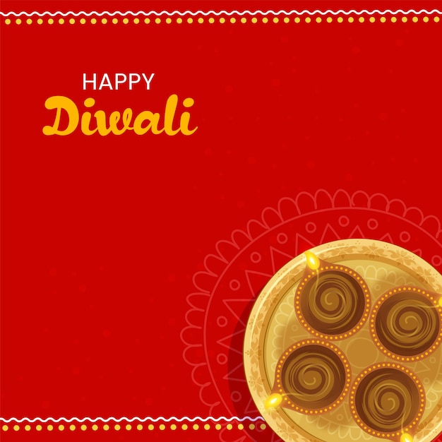 Glückliches diwali-feier-konzept mit draufsicht goldene platte von beleuchteten öllampen (diya) auf rotem hintergrund.