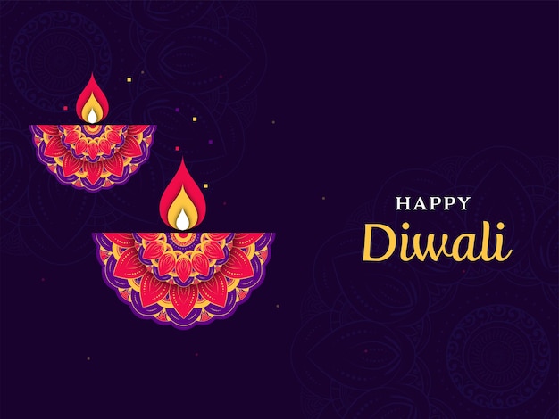 Glückliches Diwali-Feier-Konzept mit Papierschnitt-beleuchteten Öllampen Diya auf purpurrotem Mandala-Muster-Hintergrund