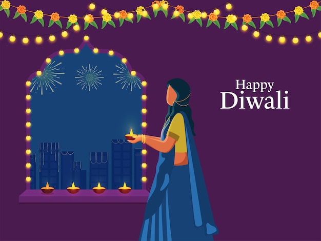 Vektor glückliches diwali-feier-plakat-design mit der indischen frau, die beleuchtete öllampe diya traditionelle blumengirlande toran auf purpurrotem und blauem gebäude-hintergrund hält