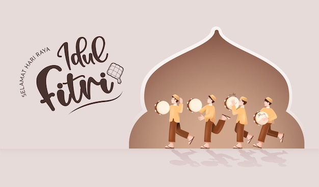 Vektor glückliches eid al fitr moslem kinder spielen indonesische trommeln rebana feiern eid mubarak