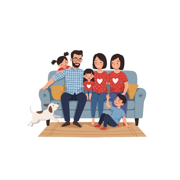 Glückliches Familienporträt auf einem Sofa mit Hund