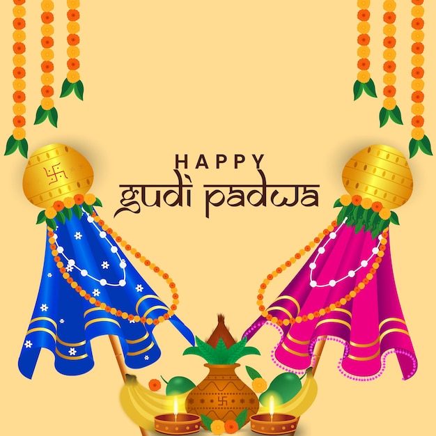 Glückliches gudi padwa festival-feier-bild mit zwei gudi-vektor-design
