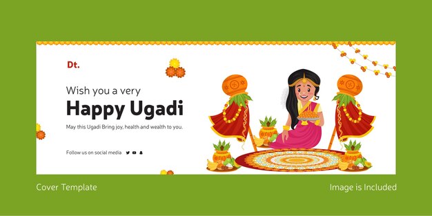 Glückliches gudi padwa-indisches festival mit der indischen frau, die rangoli von blumen facebook cover-vorlage macht