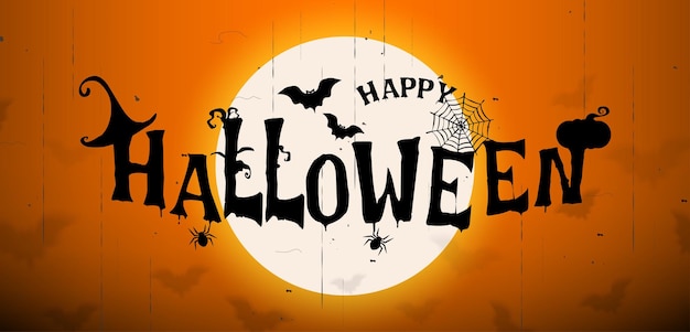 Vektor glückliches halloween-banner mit text-silhouette-design auf vollmond-himmel-szenen-hintergrund retro-stil