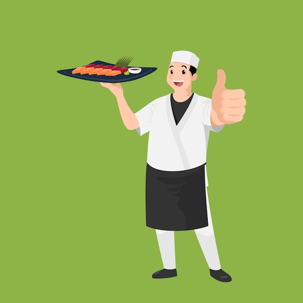 Glückliches japanisches kochkarikaturporträt des jungen großen kerlkochs, der hut und kochuniform hält, hält gericht von sushi