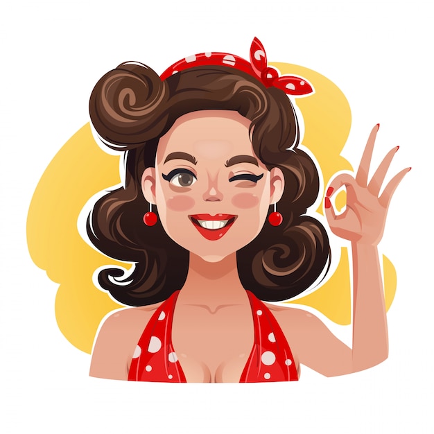 Glückliches lächelndes Retro- Pin Up Woman Showing Okay Gesture