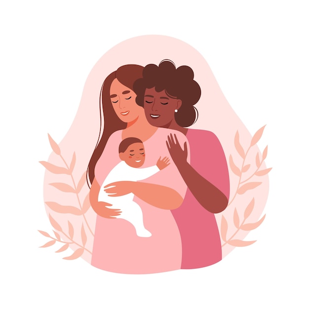 Glückliches lesbisches Paar mit einem neugeborenen Baby. Konzept der Schwangerschaft, Familie, Mutterschaft.
