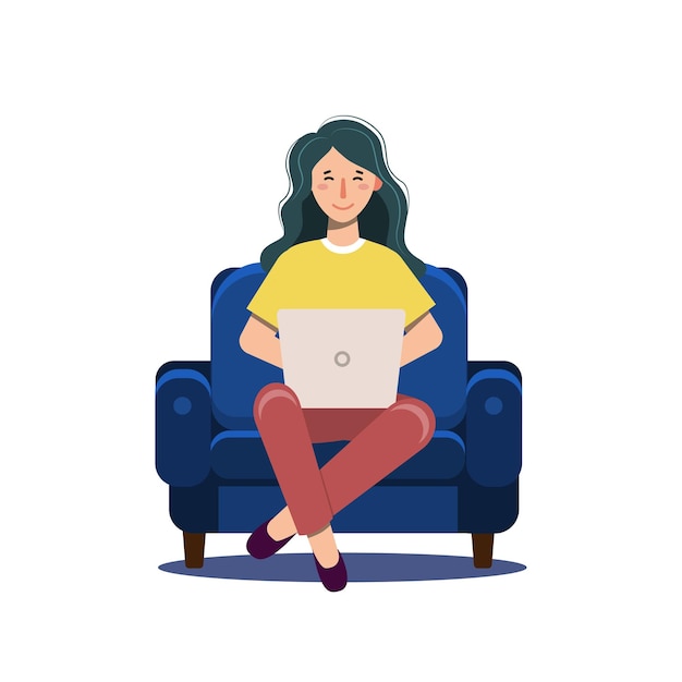 Glückliches Mädchen arbeitet an einem Laptop und sitzt in einem blauen Sessel Vektorbild