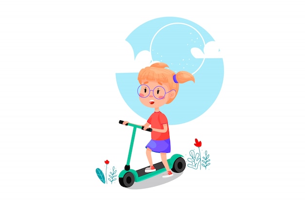 Glückliches mädchen, das auf rollerkarikaturillustration reitet. sommerferien outdoor-aktivitäten für kinder. illustration auf weißem isoliertem hintergrund.