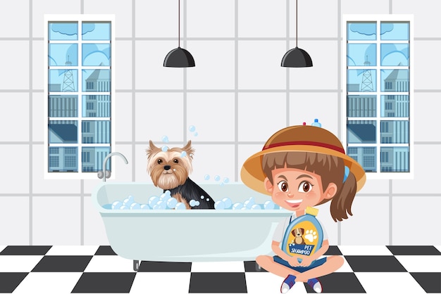 Glückliches mädchen mit ihrem hund in der badewanne