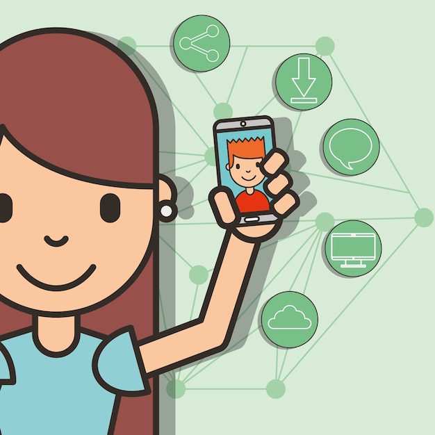 Glückliches mädchen mit smartphone in der hand junge gespräch social media