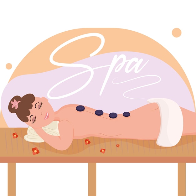 Glückliches Mädchen mit Steinen auf dem Rücken Massage Spa-Konzept Vektor