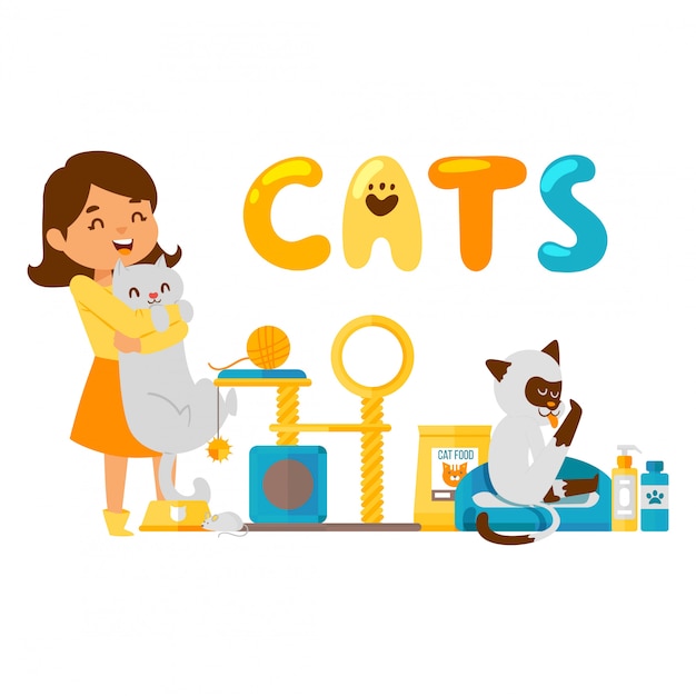 Glückliches Mädchen umarmt Katze, niedliche Zeichentrickfigurenillustration