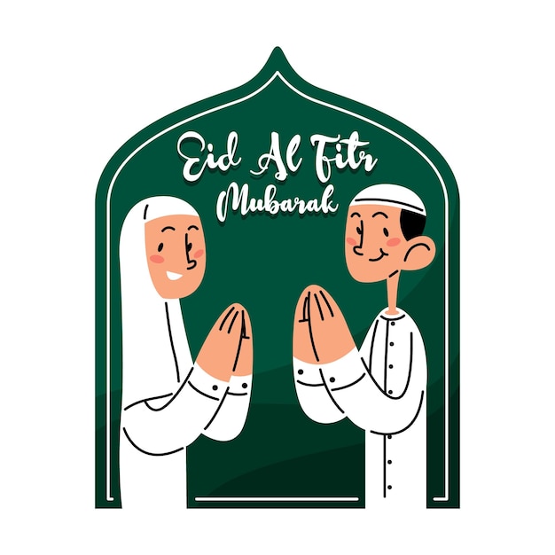 Vektor glückliches muslimisches paar, das eid al fitr-vektorillustration feiert