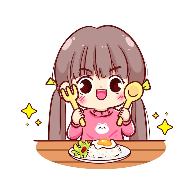 Glückliches nettes Kindermädchen kawaii Kinderfrühstück, das Hand gezeichnete Zeichentrickfigurillustration isst