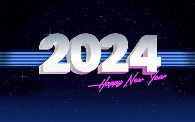 Glückliches neues Jahr 2024 Text Flyer Banner Hintergrunddesign Retro Neon Gradient Vektor Illustration
