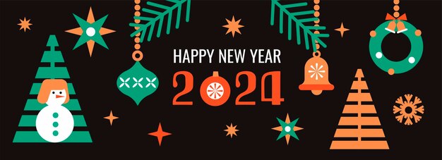 Glückliches Neujahr 2024 horizontales Banner Trendiges modernes geometrisches Design mit Weihnachtskugeln und Dekoration in goldenen, rot-grünen Farben
