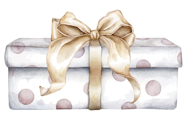 Glückliches neujahr und geburtstag weiß mit polka-punkten geschenkkisten mit goldenen bogen aquarell handzeichnung illustration auf isolierter weißer hintergrund element fo design feiertage oder hochzeit pastellfarben