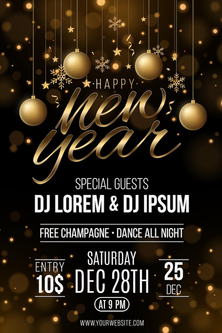 Vektor glückliches neujahrs-flyer mit goldenen glitzernden buchstaben und hängenden weihnachtsdekorationen
