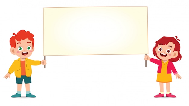 Glückliches niedliches Kind Jungen und Mädchen, die leeres Banner halten